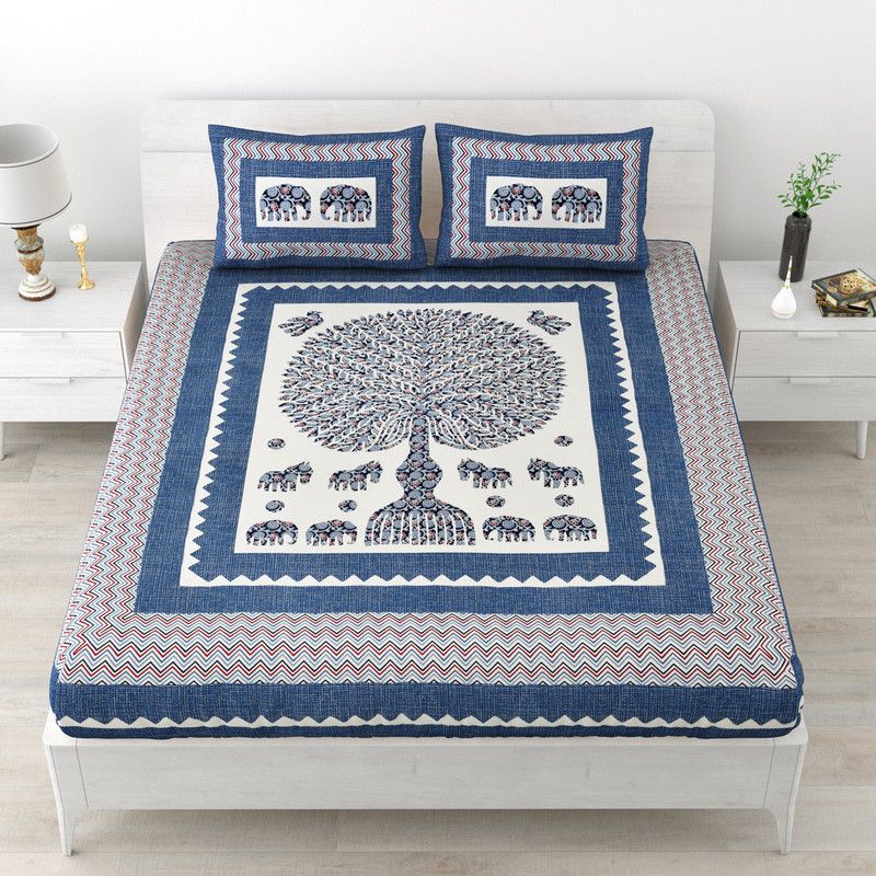 Loroco 104 TC Cotton Double Jaipuri Prints Flat Bedsheet  (Pack of 1, Blue)