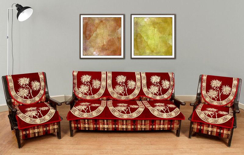 Countingbeds Velvet Floral Sofa Cover  (Maroon Pack of 6)