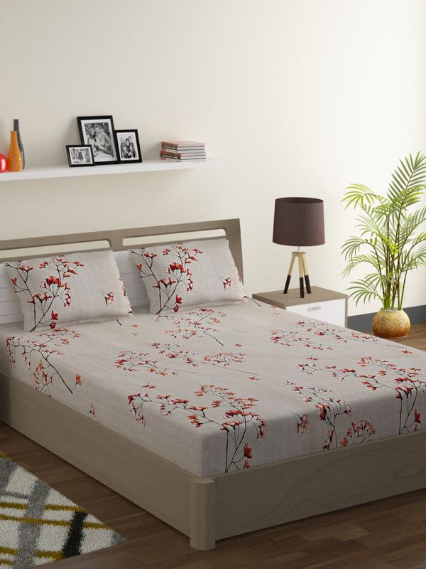 SWAYAM 200 TC Cotton King Floral Flat Bedsheet  (Pack of 1, Brown,Red)