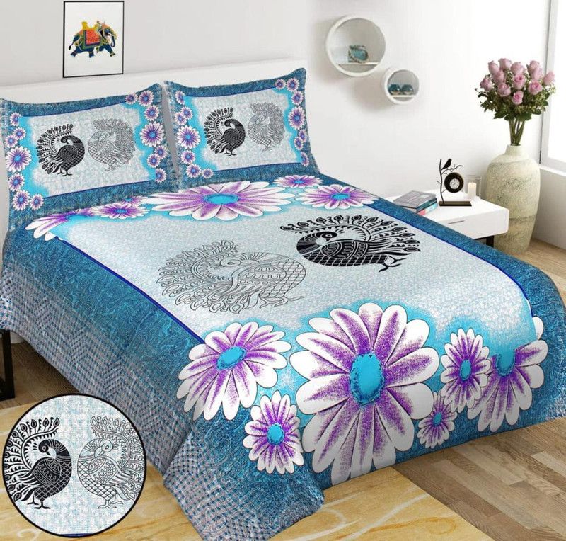 HOMIMPEX 104 TC Cotton Double Jaipuri Prints Flat Bedsheet  (Pack of 1, Grey)