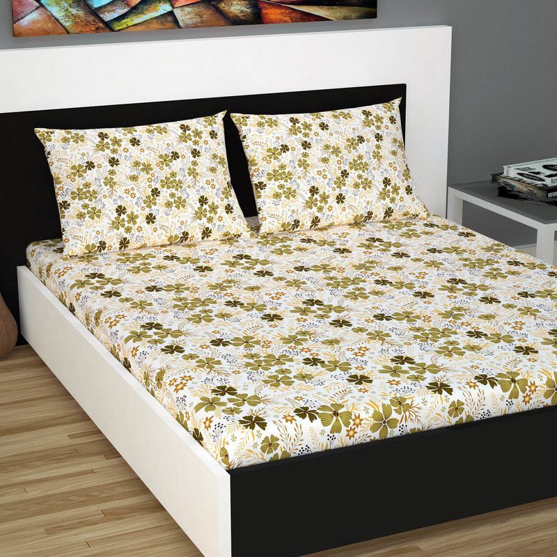 Divine Casa 144 TC Cotton Double Floral Flat Bedsheet  (Pack of 1, Green)