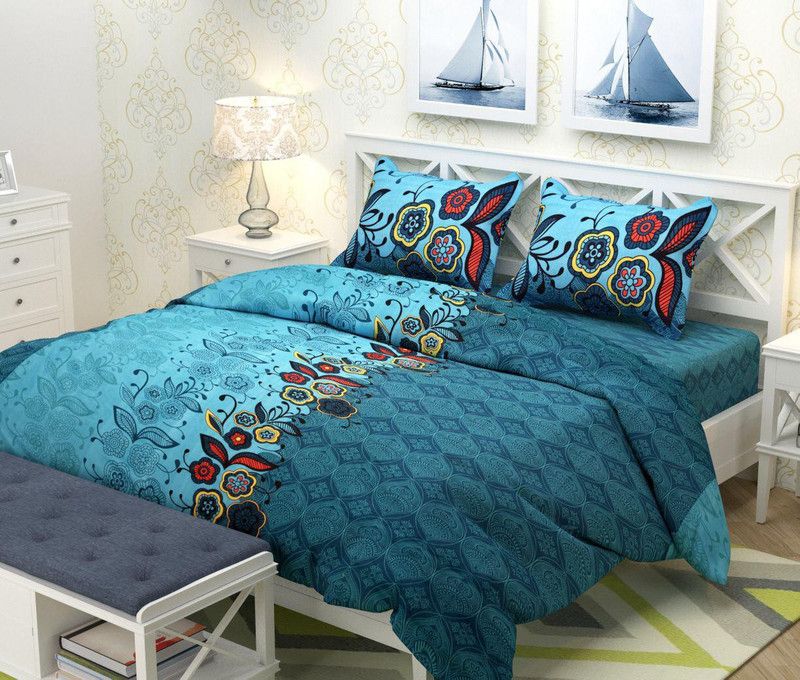 Rushika 160 TC Polycotton King Printed Flat Bedsheet  (Pack of 1, BlueGrey)