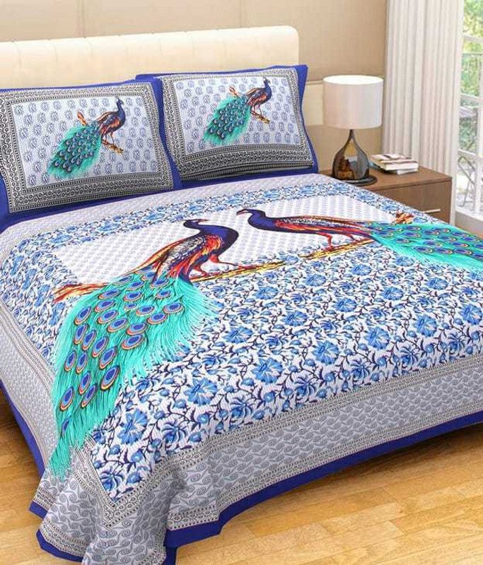 MKE Product 180 TC Cotton Double Printed Flat Bedsheet  (Pack of 1, Blue)