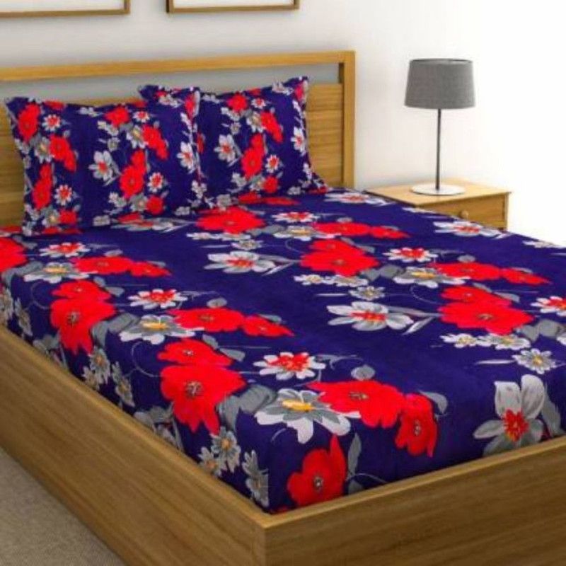 SAM GALAXY 160 TC Polycotton, Microfiber Double Floral Flat Bedsheet  (Pack of 1, Blue, Red)