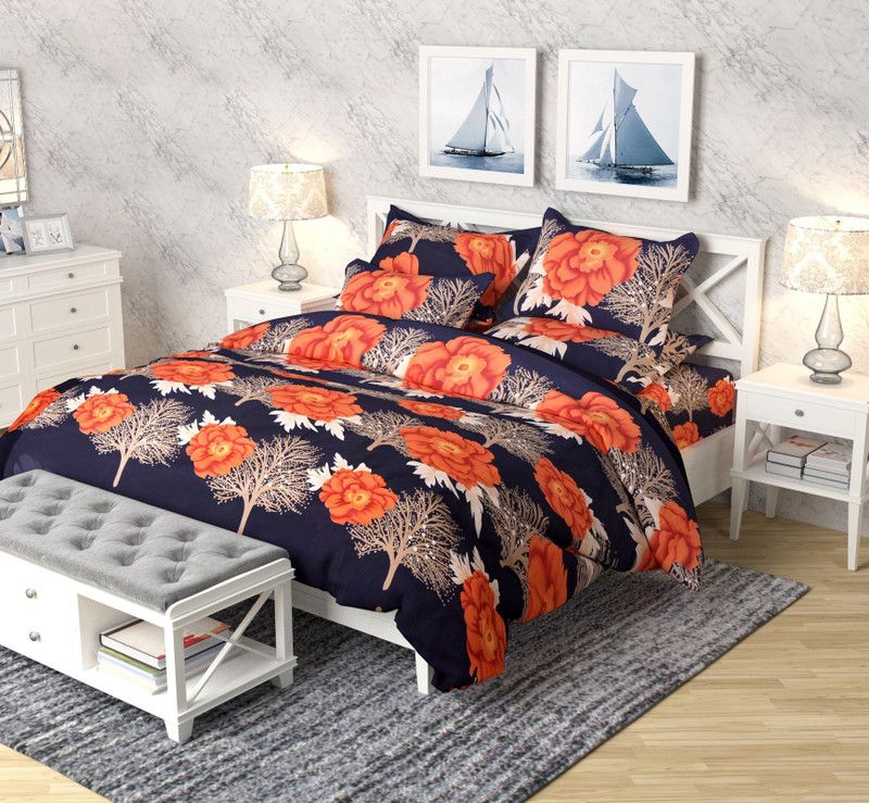 BALKO FAB 140 TC Cotton King 3D Printed Flat Bedsheet  (Pack of 1, Blue)