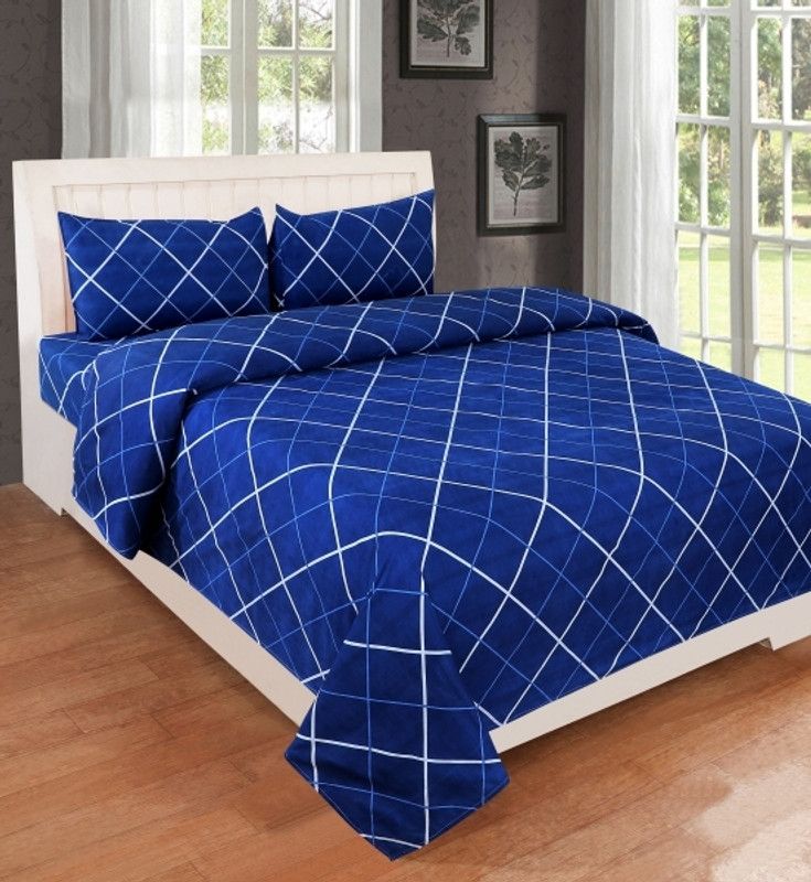 144 TC Cotton Double 3D Printed Bedsheet  (Pack of 1, blue)
