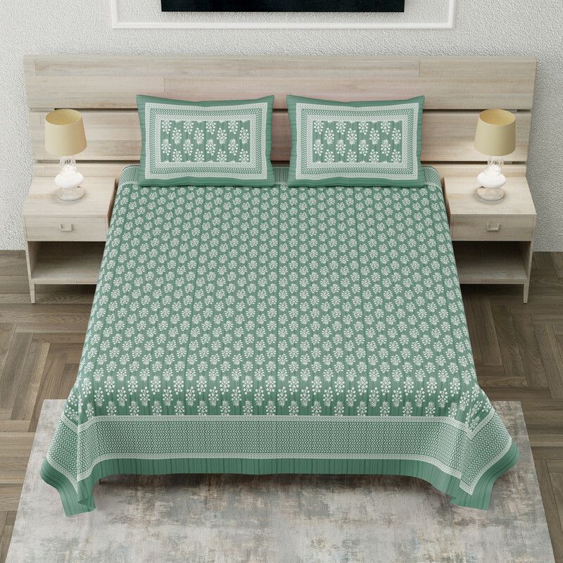 Texstylers 280 TC Cotton King Floral Flat Bedsheet  (Pack of 1, Rama Green)