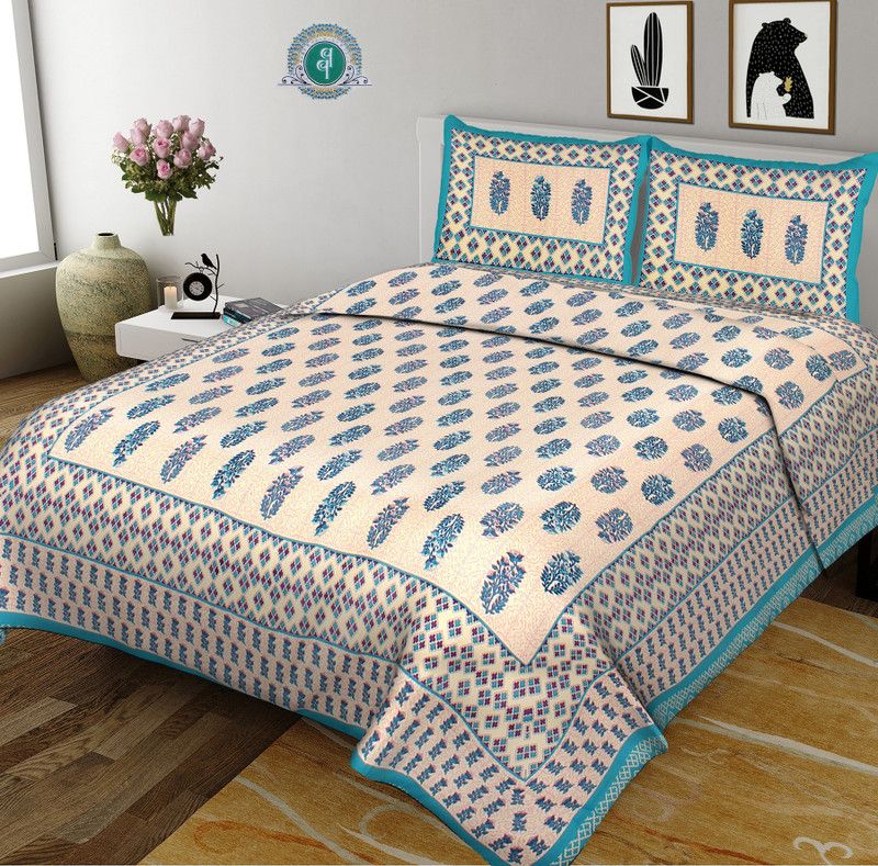 Fabrella 144 TC Cotton King Printed Flat Bedsheet  (Pack of 1, Sky Blue)