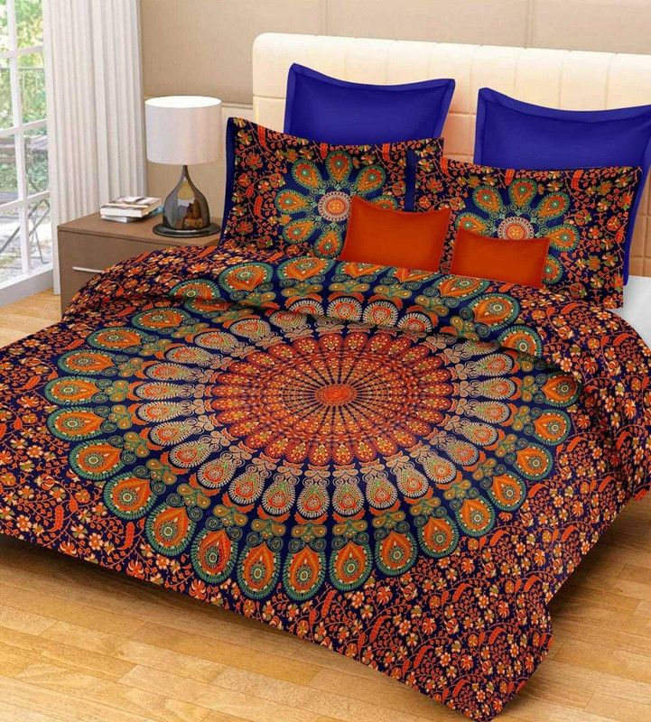 RAJDEVI JAIPUR PRINTS 351 TC Cotton Double, King Printed Flat Bedsheet  (Pack of 1, Orange, Blue, Green)