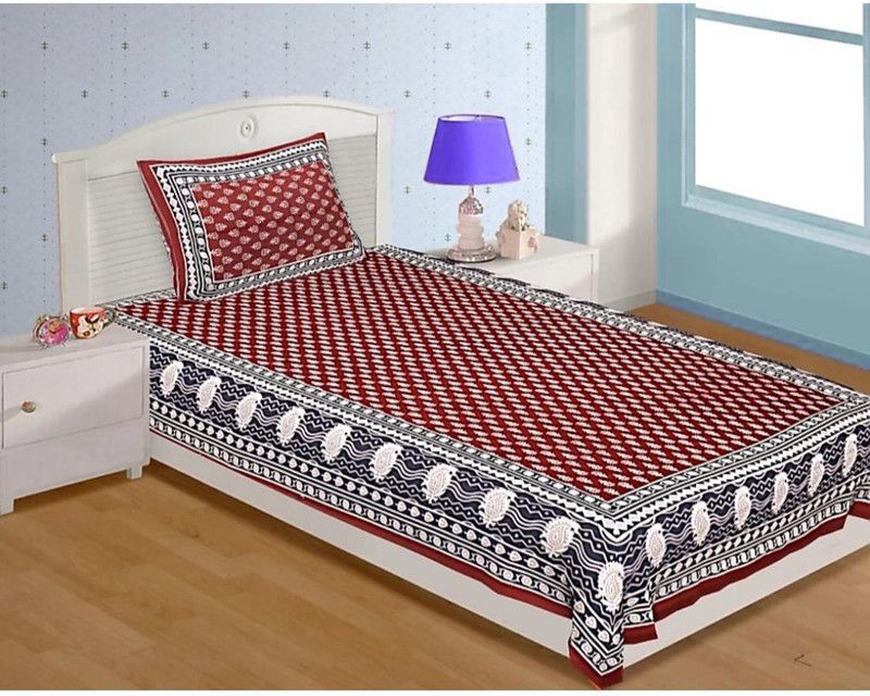 Home@shop 144 TC Cotton Single Jaipuri Prints Flat Bedsheet  (Pack of 1, Maroon)