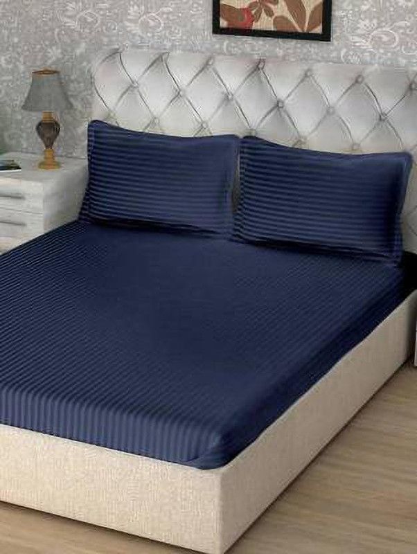 shree kalyan 210 TC Cotton King Striped Flat Bedsheet  (Pack of 1, Blue)