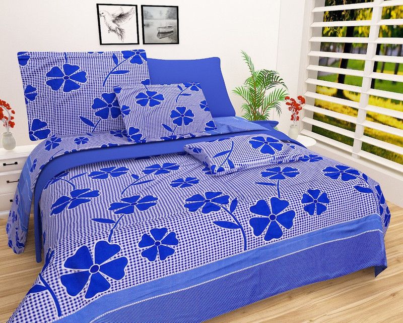STAMEN 144 TC Polycotton Double Printed Flat Bedsheet  (Pack of 1, Blue)
