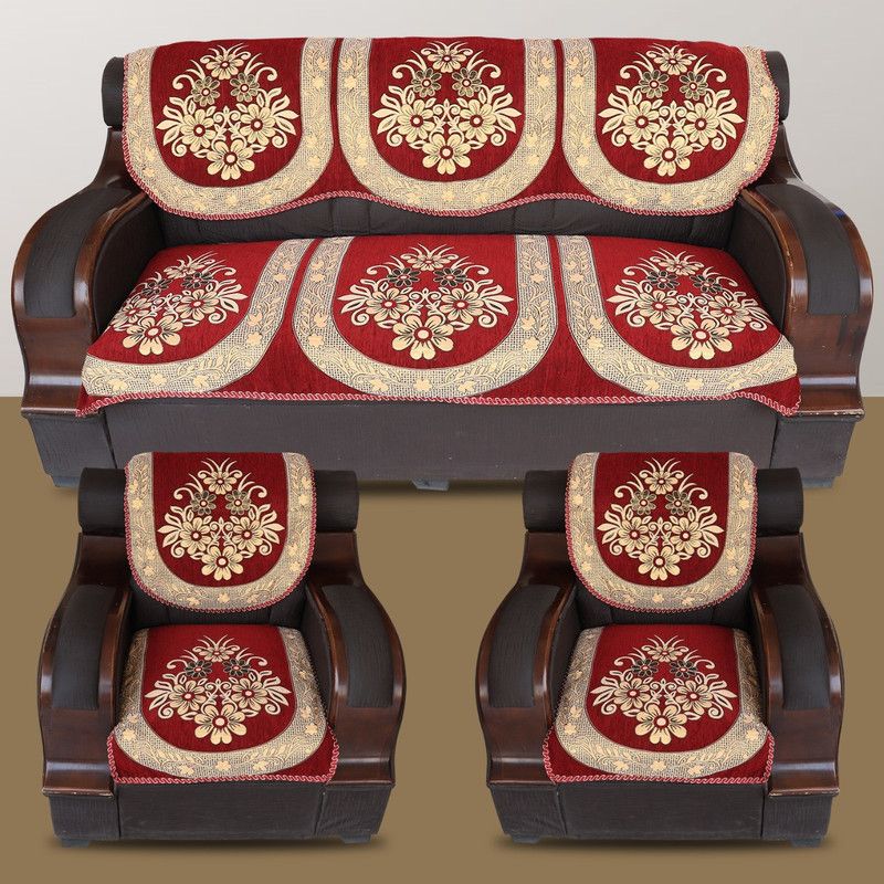Sbl textile Velvet Floral Sofa Cover  (MAROON Pack of 6)