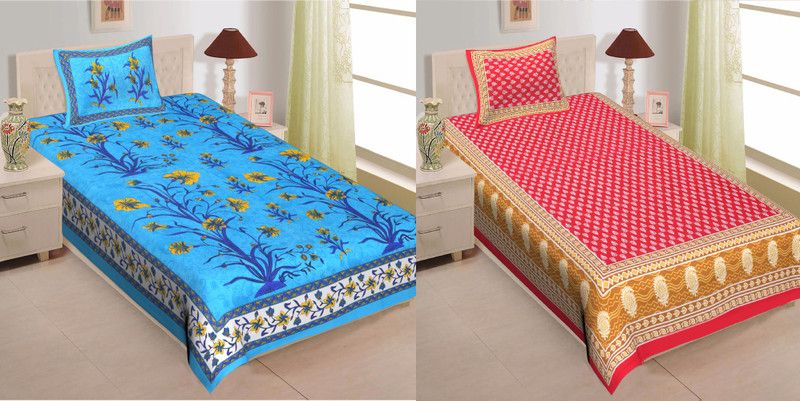 Ubania Collection 140 TC Cotton Single Floral Flat Bedsheet  (Pack of 2, Multicolor)