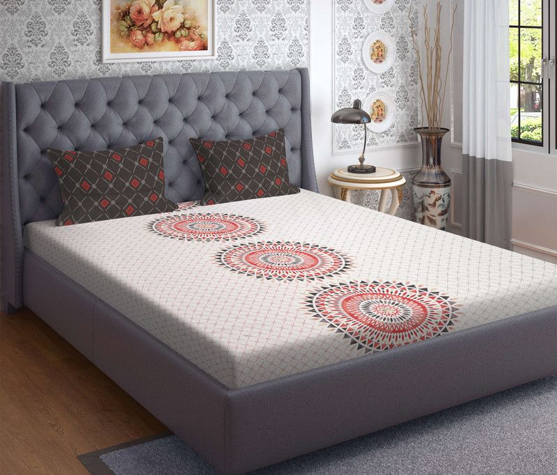 STELLAR HOME 144 TC Cotton Queen Motifs Flat Bedsheet  (Pack of 1, Red, White)
