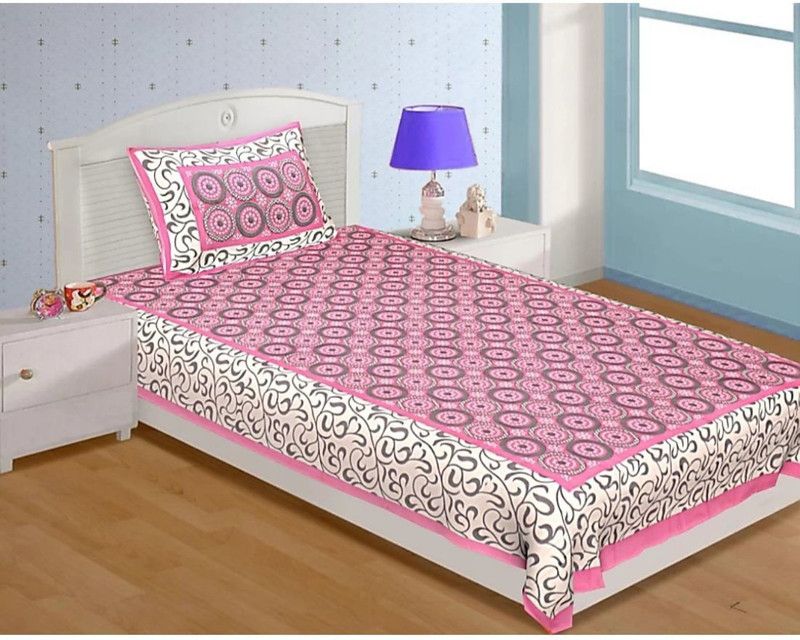 E ELMA 104 TC Cotton Single Jaipuri Prints Flat Bedsheet  (Pack of 1, Pink)