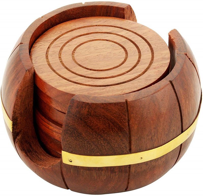 DESI KARIGAR Round Reversible Wood Coaster Set  (Pack of 6)