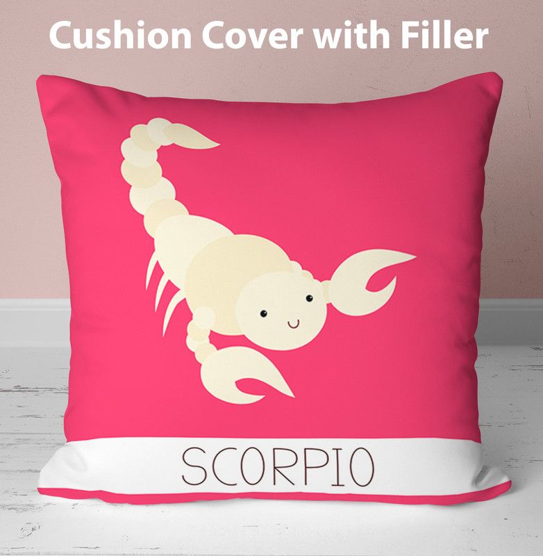 NH10 DESIGNS Zodiac Scorpio Printed Cushion Cover With Filler, Cup, Keychain - ZDVCUMK1 20 Microfibre Solid Cushion Pack of 1  (White)