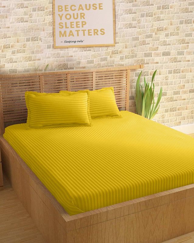 SLEEPING OWLS 210 TC Cotton King Striped Flat Bedsheet  (Pack of 1, Golden)