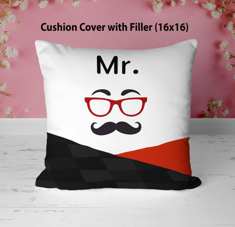 NH10 DESIGNS Mr Printed Cushion Cover with Filler 16x16 Inch For Husband Hubby - CPWT16CU 11 Microfibre Solid Cushion Pack of 1  (White)