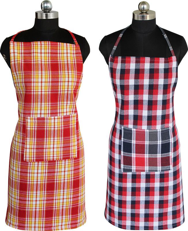 Feather Green Cotton Home Use Apron - Free Size  (Multicolor, Pack of 2)
