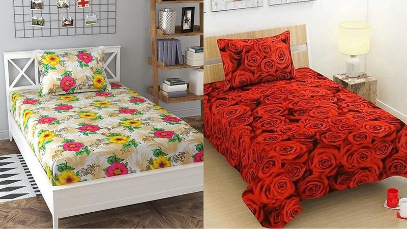 HSR Collection 144 TC Cotton Single Floral Flat Bedsheet  (Pack of 2, Multicolor)