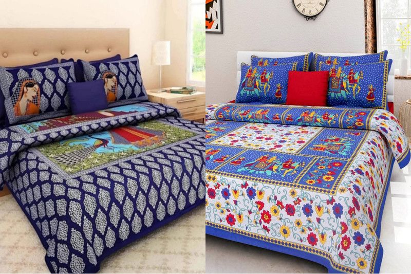 VIKANJALI FAB 104 TC Cotton Double Jaipuri Prints Flat Bedsheet  (Pack of 2, Multicolor)