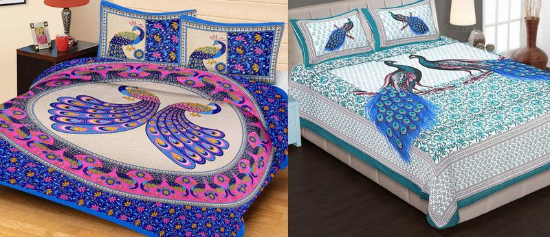 MOXIE 160 TC Cotton Double Printed Flat Bedsheet  (Pack of 2, Blue, Green)