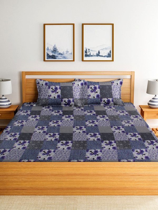 Luxury Crafts 300 TC Polycotton King Floral Flat Bedsheet  (Pack of 1, Blue)