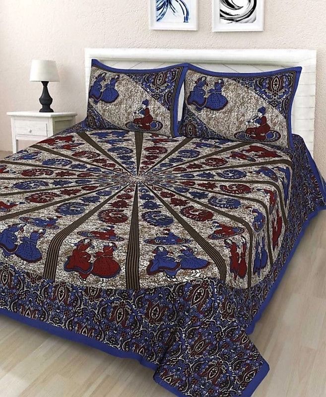 Sommelite 151 TC Cotton Double Printed Flat Bedsheet  (Pack of 1, Blue)