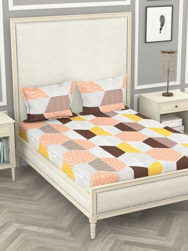 Bianca 110 TC Cotton Double Geometric Flat Bedsheet  (Pack of 1, PEACH/MULTI)