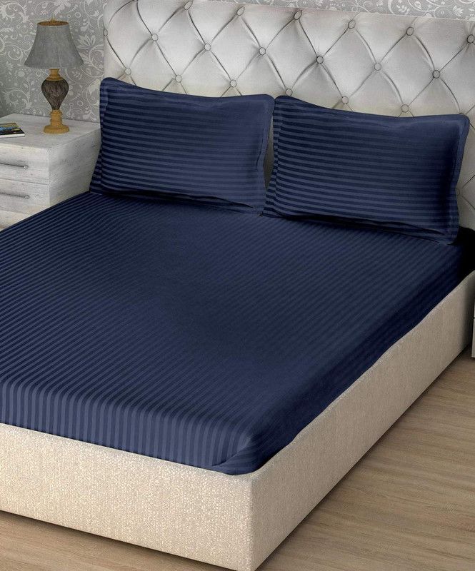 craftola 400 TC Cotton Double, Queen Striped Flat Bedsheet  (Pack of 1, Navy Blue)