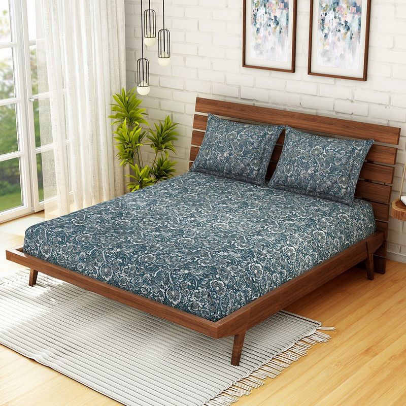 CORE Designed by SPACES 210 TC Cotton Queen Abstract Flat Bedsheet  (Pack of 1, Blue)