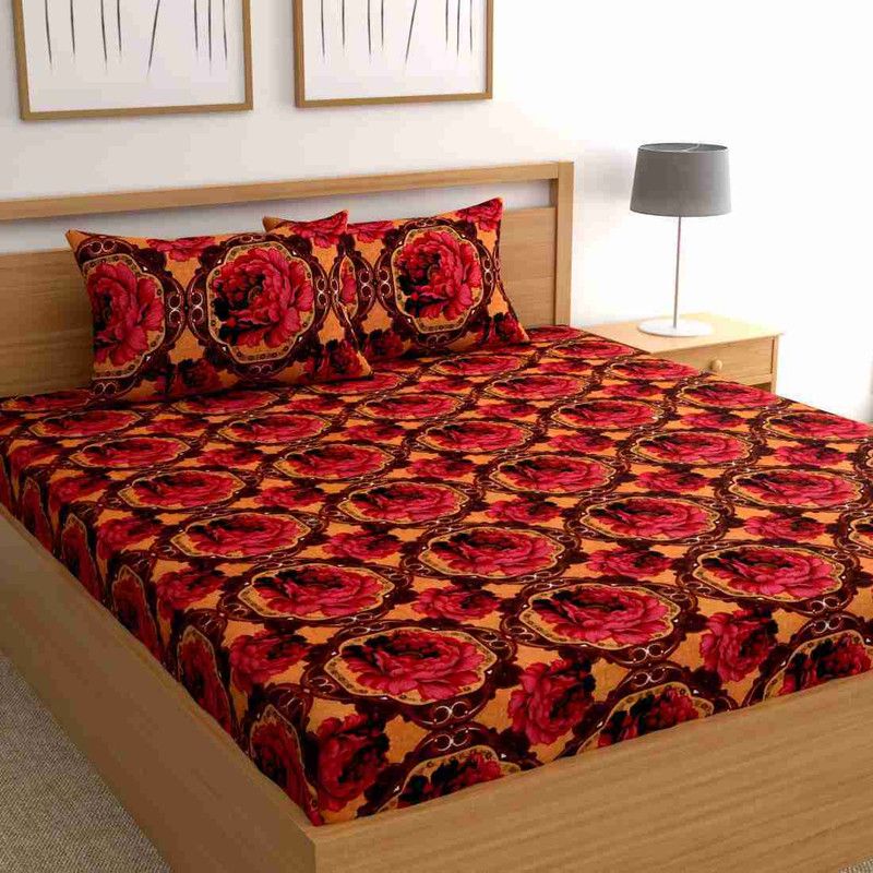 144 TC Polycotton Double Printed Bedsheet  (Pack of 1, Red)