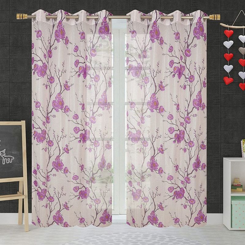 AH-DECOR 335 cm (11 ft) Polyester, Net Transparent Long Door Curtain (Pack Of 2)  (Floral, Purple)