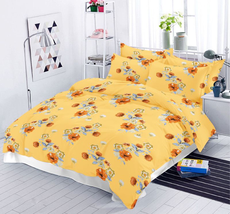 DreamFly 140 TC Cotton Double Printed Flat Bedsheet  (Pack of 1, Yellow)