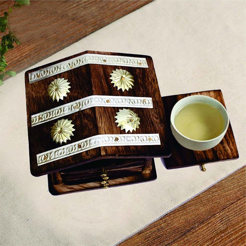 Shine Shopping Square Reversible Wood Coaster Set  (Pack of 6)
