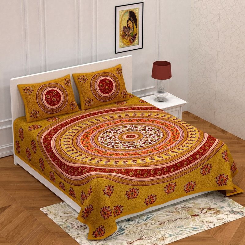 LITTLE INDIA 110 TC Cotton Double Jaipuri Prints Flat Bedsheet  (Pack of 1, Yellow)