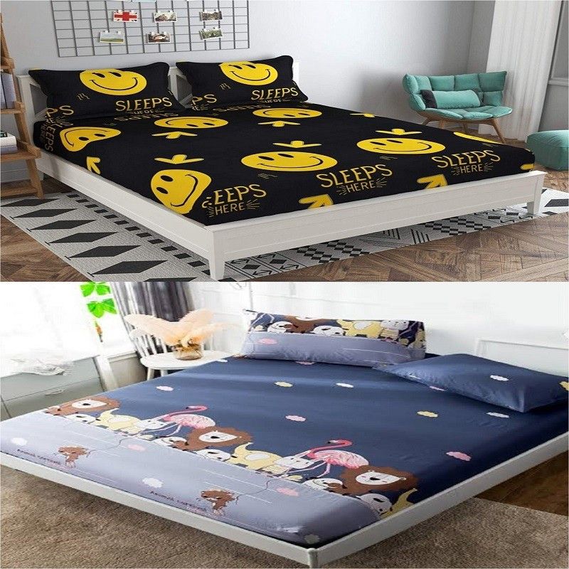 Nakshu 140 TC Polycotton Queen Cartoon Fitted (Elastic) Bedsheet  (Pack of 2, Black, Grey)