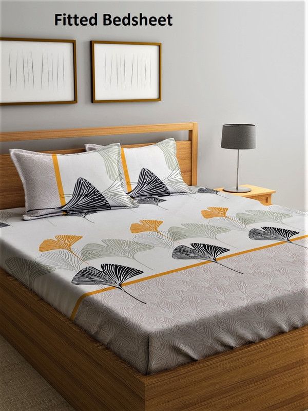 Home Sizzler 210 TC Cotton Double Geometric Fitted (Elastic) Bedsheet  (Pack of 1, Cream)