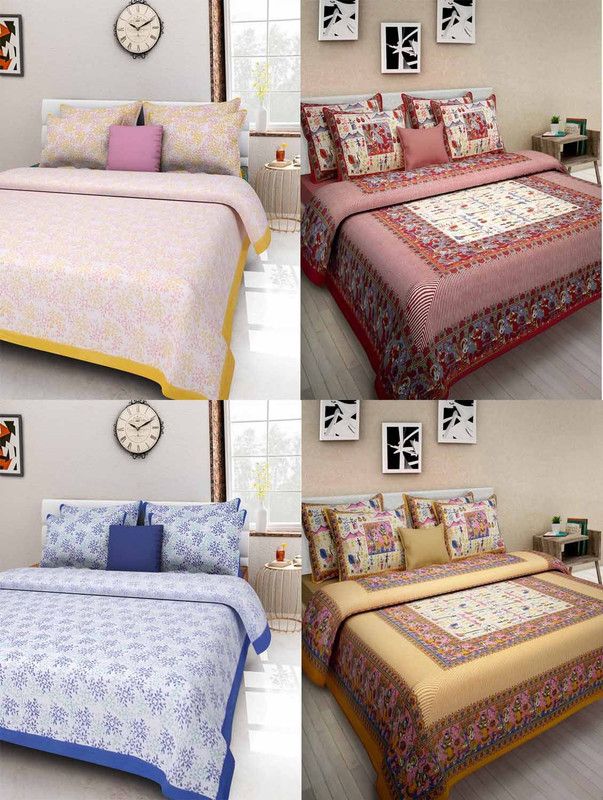 UNIQCHOICE 144 TC Cotton Double Printed Fitted (Elastic) Bedsheet  (Pack of 4, Multicolor)