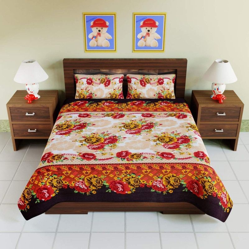 Gautam Textile Hub 144 TC Microfiber Double 3D Printed Flat Bedsheet  (Pack of 1, Orange)