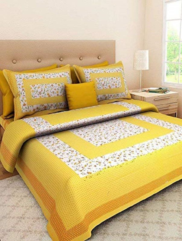 RAJDEVI JAIPUR PRINTS 151 TC Cotton Double Printed Fitted & Flat Bedsheet  (Pack of 1, Yellow)