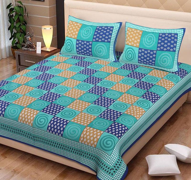 BEDAFFAIR 151 TC Cotton Double 3D Printed Flat Bedsheet  (Pack of 1, Sky)