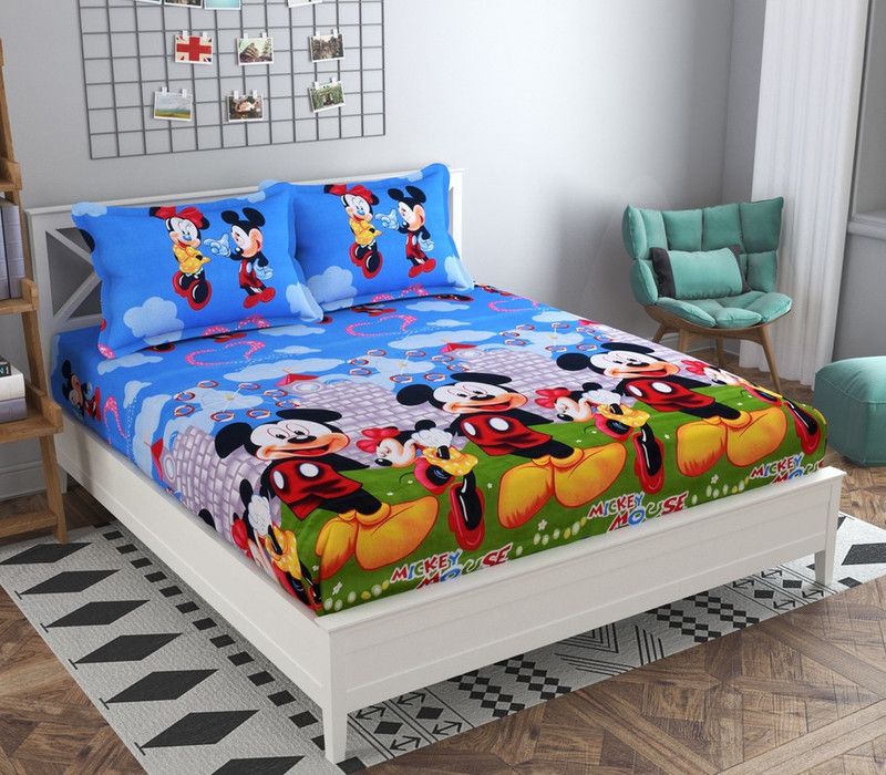 LERV'S Collection 140 TC Microfiber Double 3D Printed Flat Bedsheet  (Pack of 1, Blue Micky)