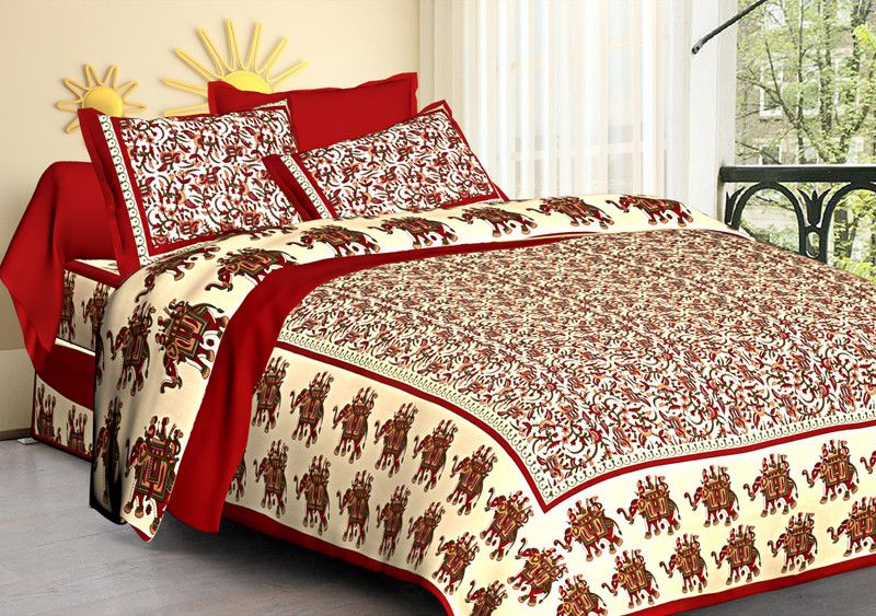 nitya fashion 144 TC Cotton Queen Printed Flat Bedsheet  (Pack of 1, Red , Cream, Green)