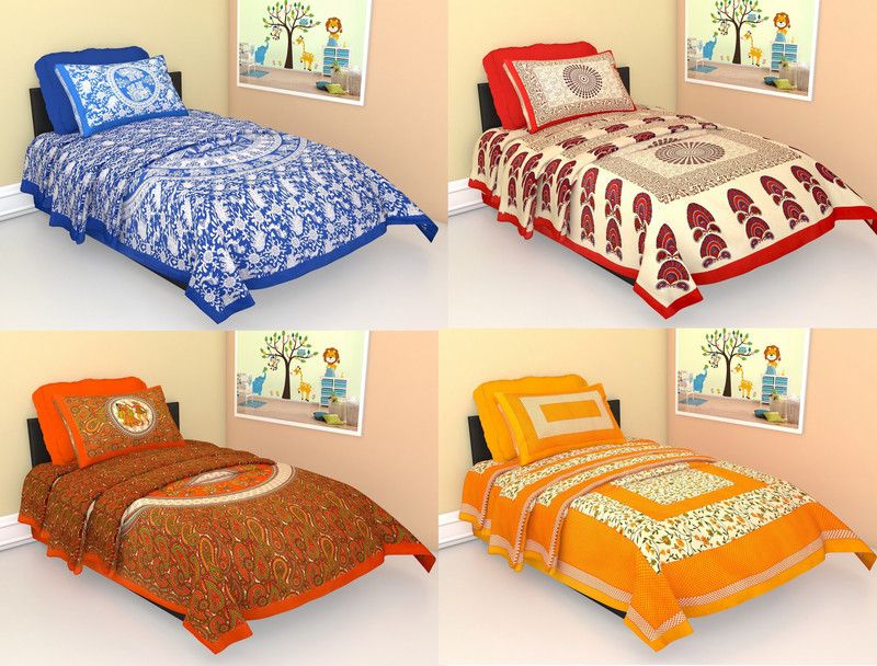 TANIKA 140 TC Cotton Single Printed Flat Bedsheet  (Pack of 4, Blue, Red, Orange, Yellow)