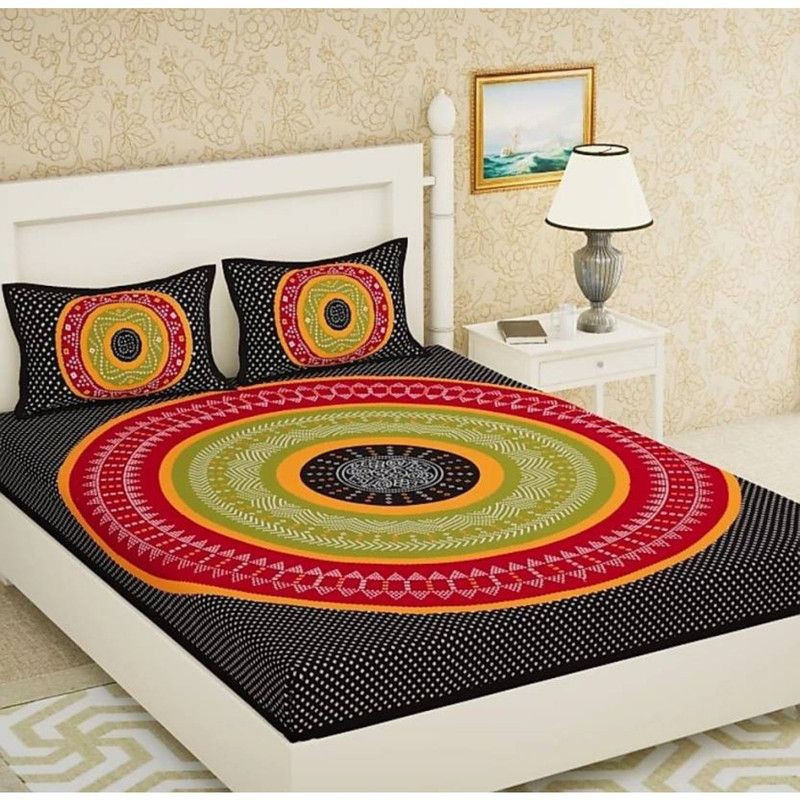 jaiho 160 TC Cotton Double Printed Flat Bedsheet  (Pack of 1, Black)