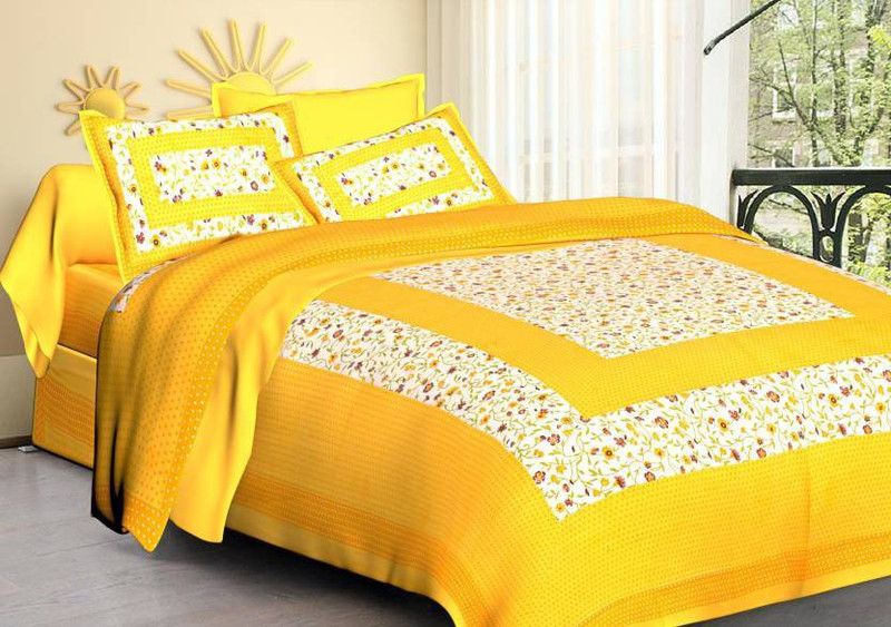 Shri overseas 144 TC Cotton Double Jaipuri Prints Flat Bedsheet  (Pack of 1, Yellow)