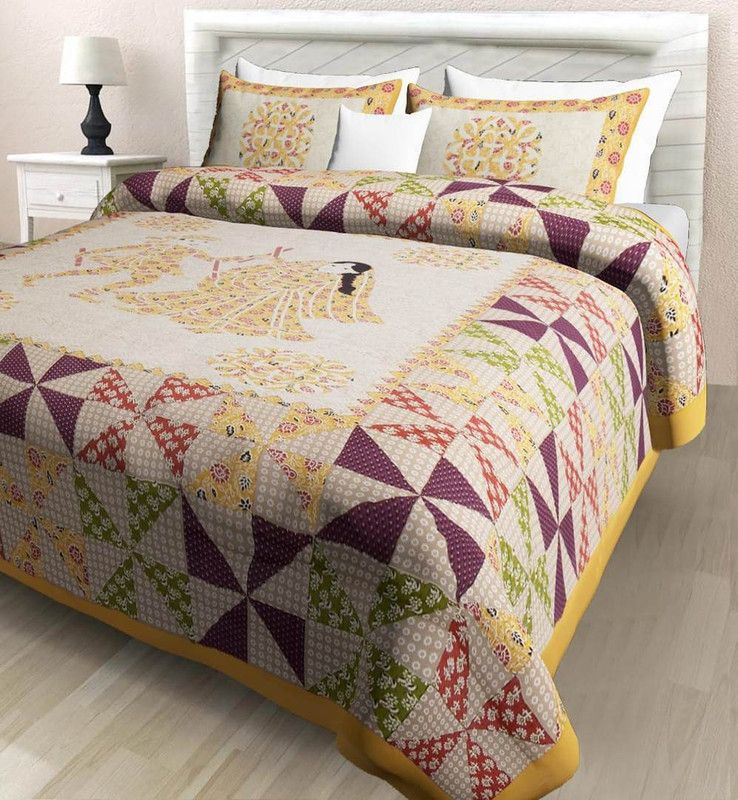 Buy fab 180 TC Cotton King Jaipuri Prints Flat Bedsheet  (Pack of 1, Yellow)